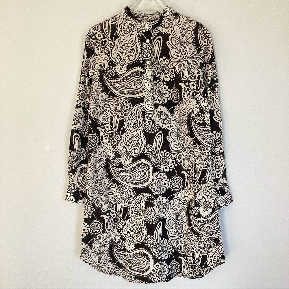 August Dress Popover Shirtdress Black Off Paisley Lightweight Cotton Size 8